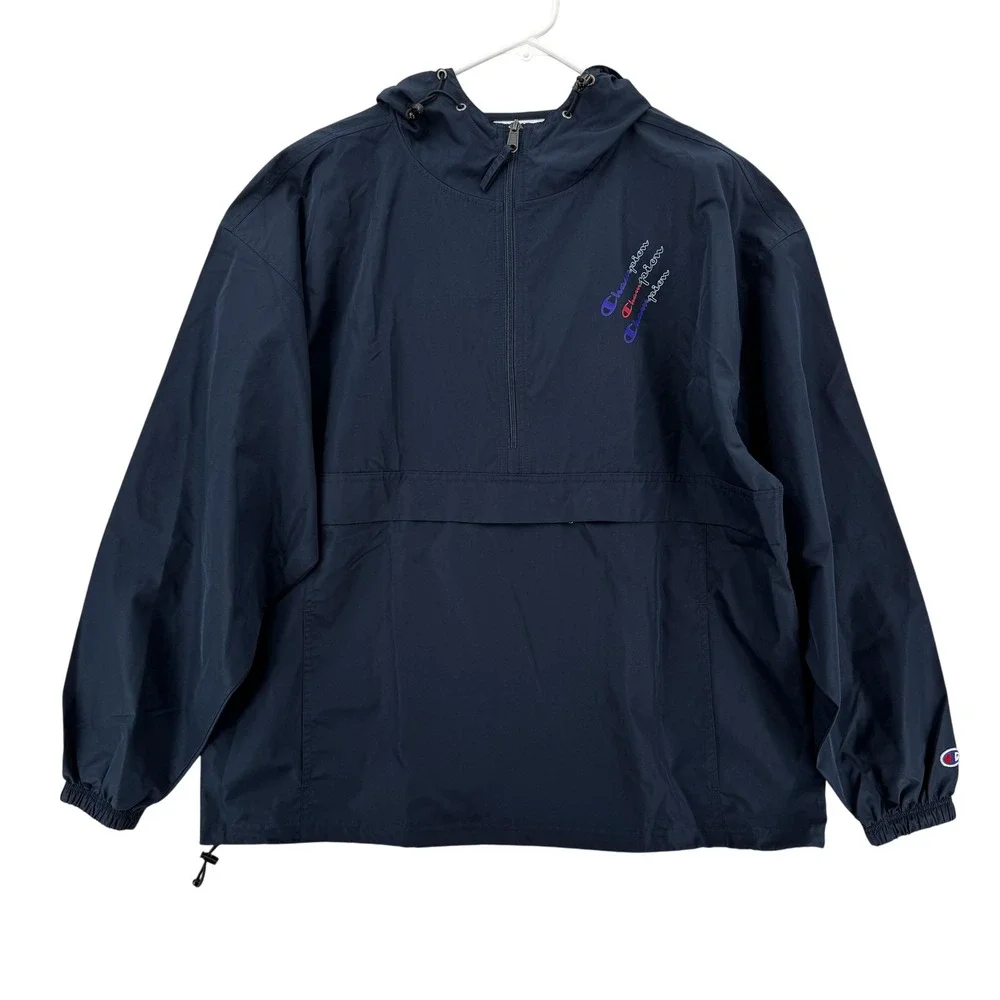 Champion Pullover Jacket Mens XL Navy Blue Hooded Windbreaker Lightweight Anorak